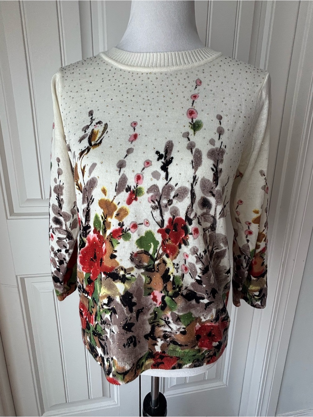 Rebecca Malone Cream Sweater with Red, Green and Brown Floral Print